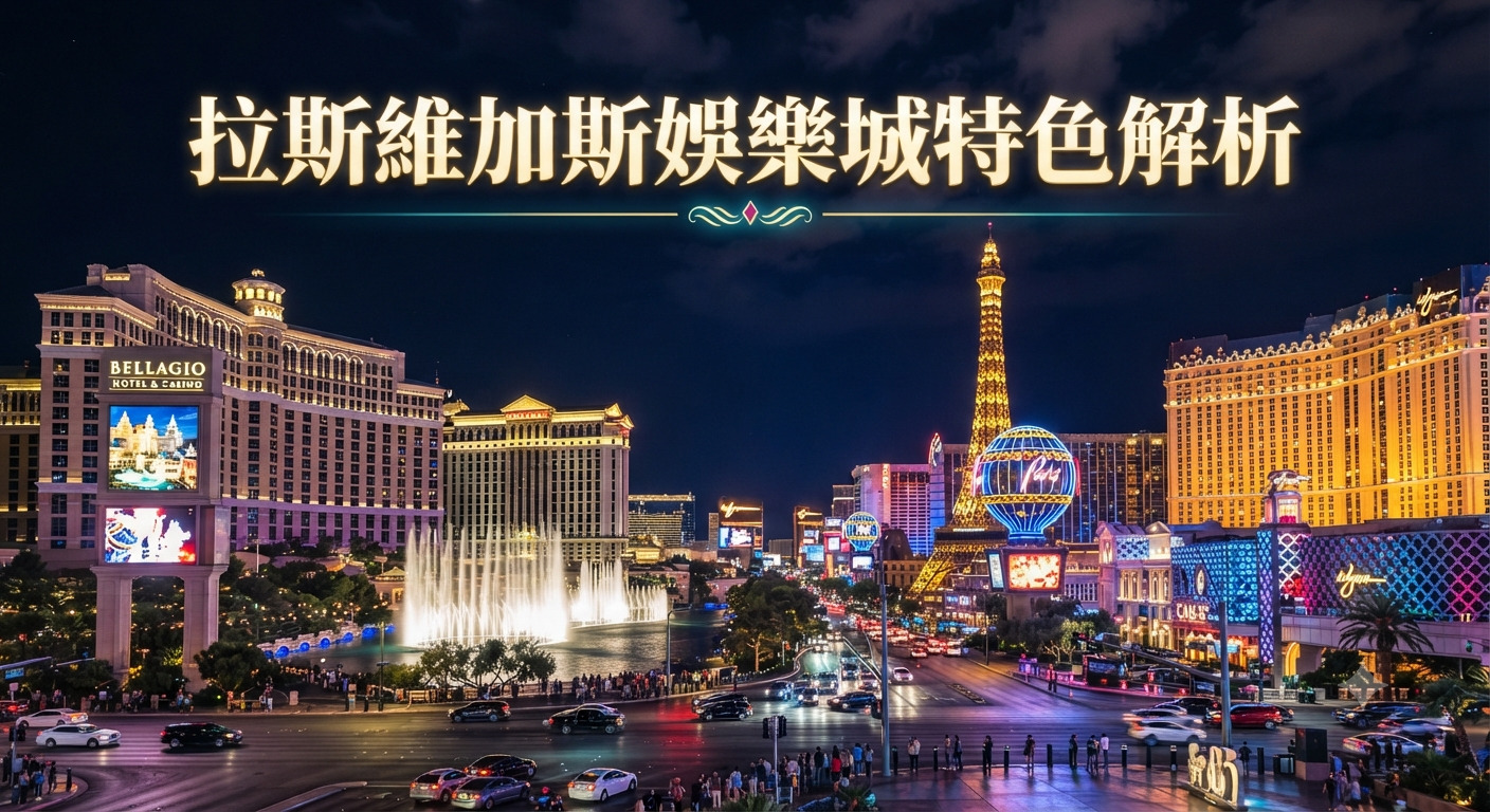 這張圖片展示了夜間拉斯維加斯大道(Las Vegas Strip)繁華迷人的璀璨街景,並配有「拉斯維加斯娛樂城特色解析」的中文字標題。 畫面中融合了標誌性的奢華飯店、絢麗的霓虹燈光以及熱鬧的城市風貌。