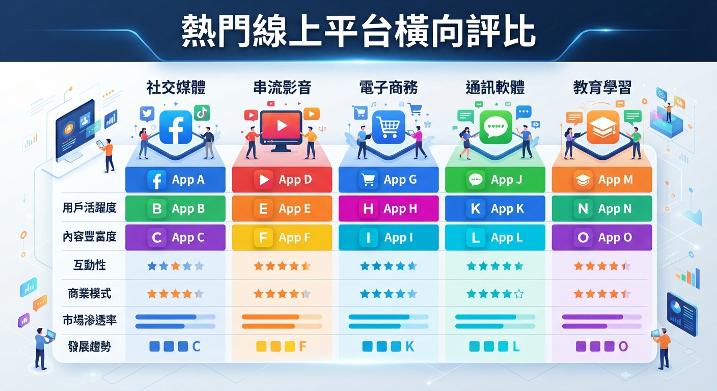 這是一張關於熱門線上平台橫向評比的對比圖表,以繁體中文清楚呈現各平台的綜合效能與市場分析。 畫面運用了直觀的圖示與多維度指標,協助觀看者快速掌握不同類別線上服務的特點與差異。